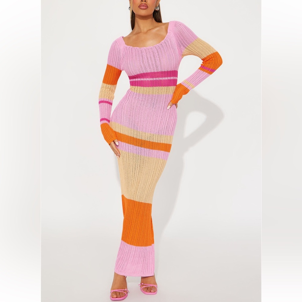 Weekend escape sweater maxi dress pink orange cream